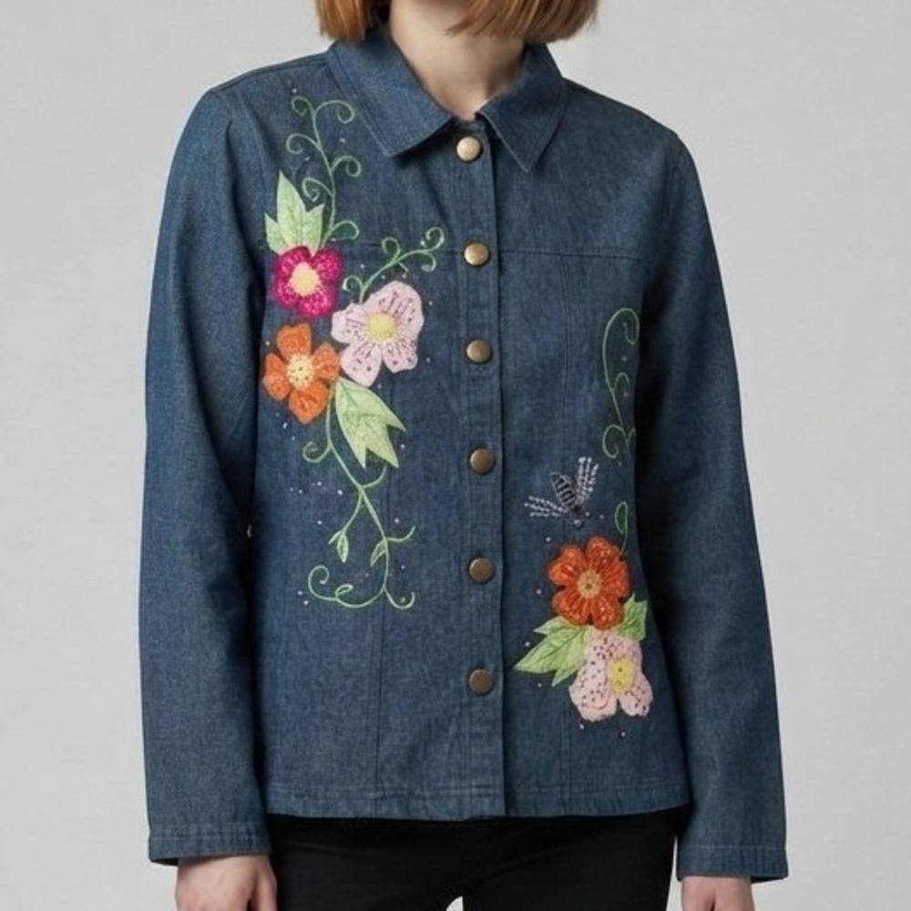 Tapestry Patch Flowers & Bees Jacket Womens Large Blue Denim Floral Embroidered